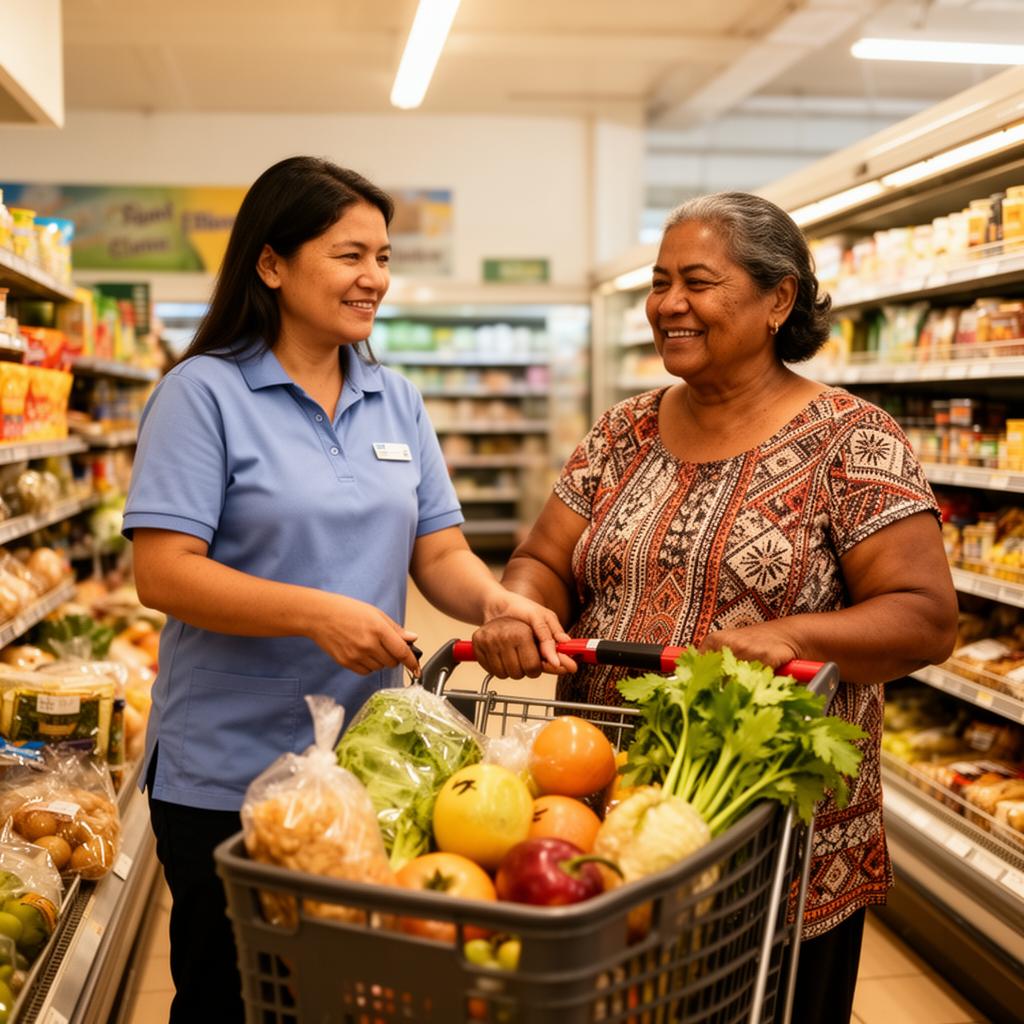 A support worker helping a participant with grocery shopping in Cairns