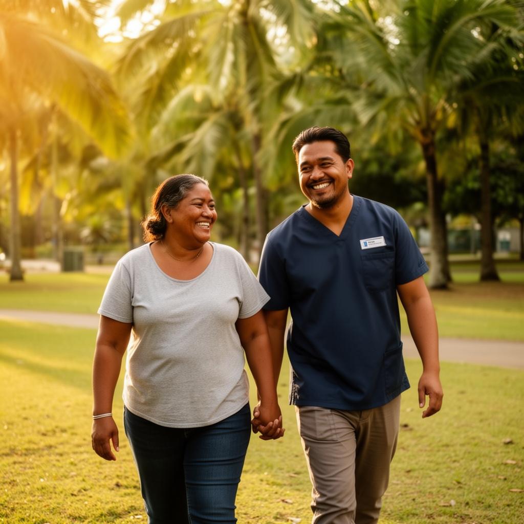 A support worker walking alongside a participant in a sunny Cairns park